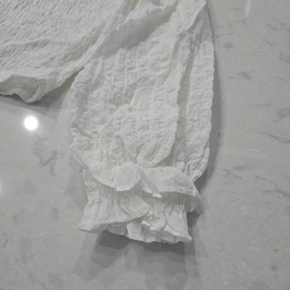 ZARA White Smocked Crop Top Long Balloon Sleeve Ruffle Neck Seersucker XS